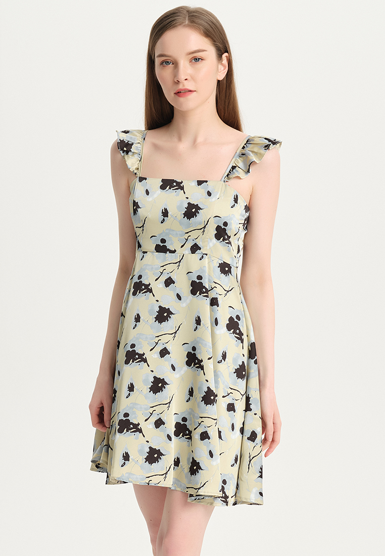 Women's French elegant print high-waisted square neck slip chiffon A-line dress B22041205-sunnydaysweety