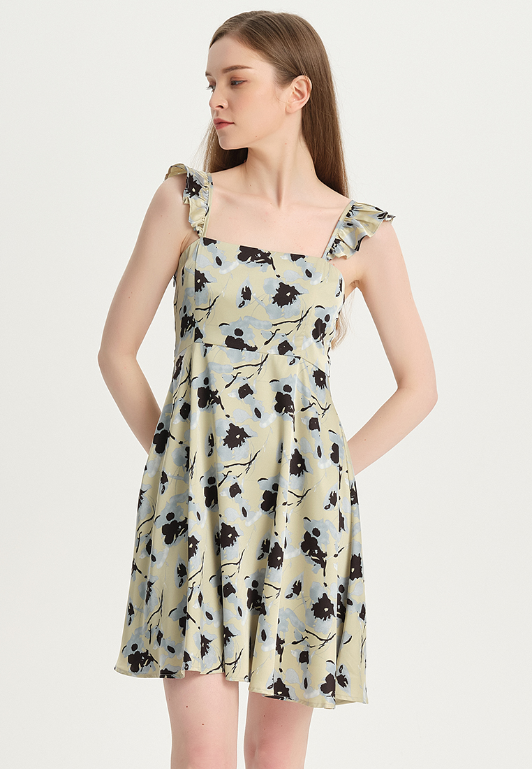 Women's French elegant print high-waisted square neck slip chiffon A-line dress B22041205-sunnydaysweety