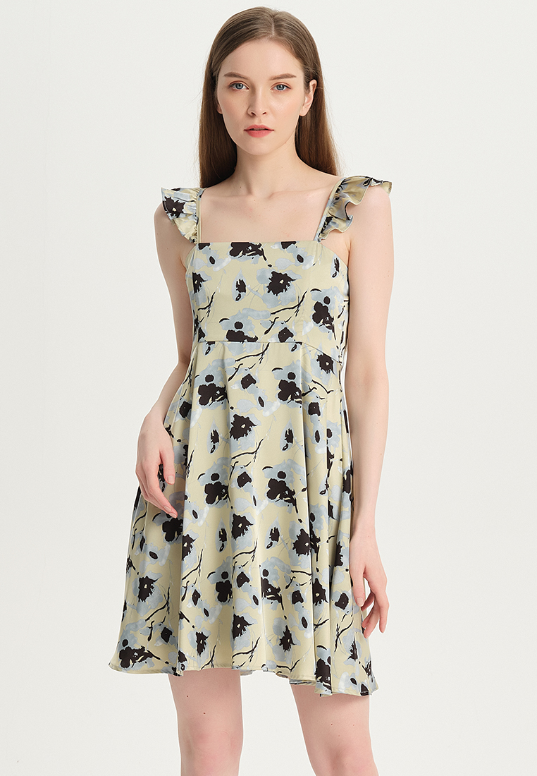 Women's French elegant print high-waisted square neck slip chiffon A-line dress B22041205-sunnydaysweety