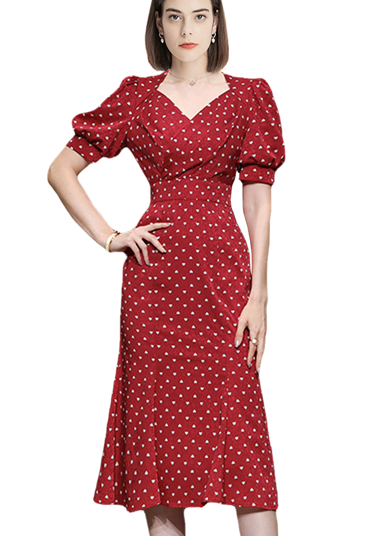 2023 New summer dress V-neck retro lantern sleeve elegant jacquard mermaid dress CA061505R