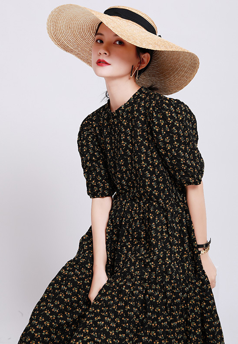 French Elegant Round Neck Bubble Sleeve Fragmented Flower Long One-Piece Dress CA23032105BK-M-sunnydaysweety