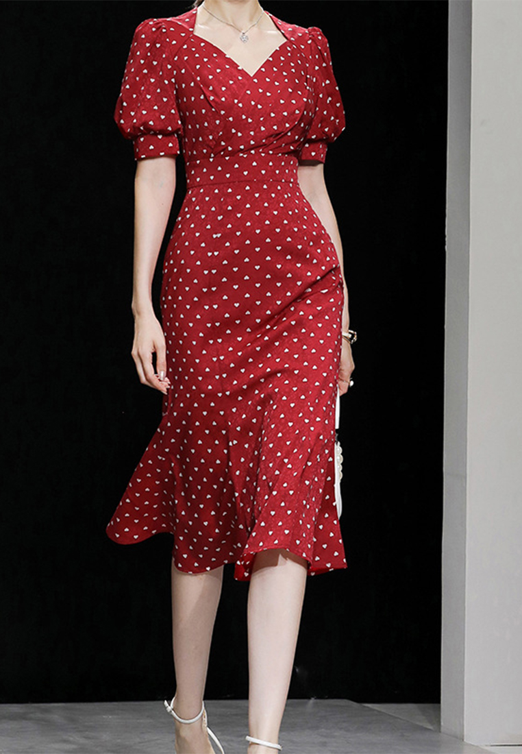 2023 New summer dress V-neck retro lantern sleeve elegant jacquard mermaid dress CA061505R