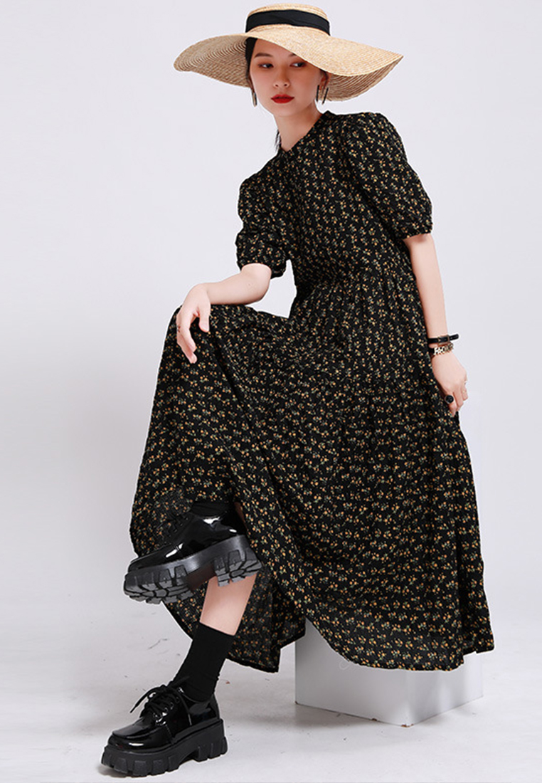 French Elegant Round Neck Bubble Sleeve Fragmented Flower Long One-Piece Dress CA23032105BK-M-sunnydaysweety