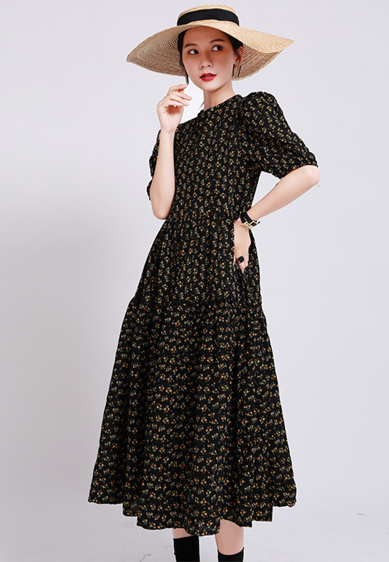 French Elegant Round Neck Bubble Sleeve Fragmented Flower Long One-Piece Dress CA23032105BK-M-sunnydaysweety