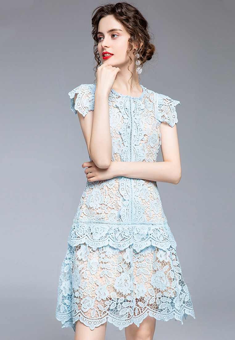 Heavy Industry Lace Flying Sleeve Slim Fit One-Piece Dress A22021601