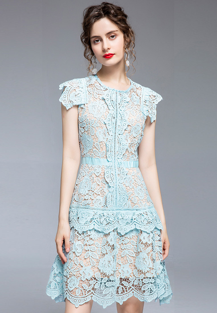 Heavy Industry Lace Flying Sleeve Slim Fit One-Piece Dress A22021601