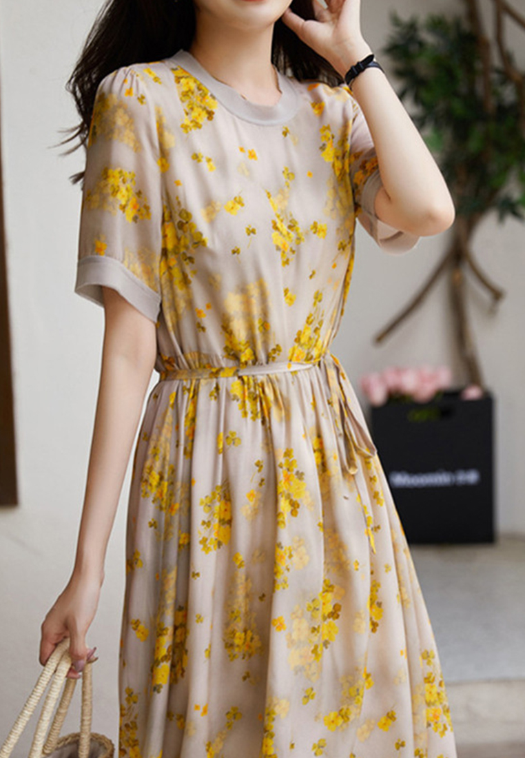 2023 Summer New Round Neck Silk Printed Dress CA072406