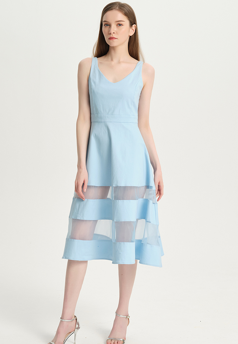 Temperament pure blue organza A-line one piece dress B22041206