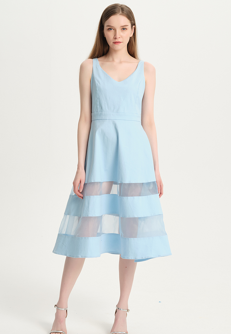 Temperament pure blue organza A-line one piece dress B22041206