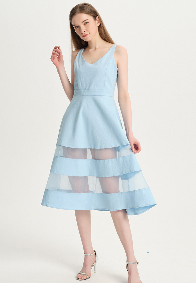 Temperament pure blue organza A-line one piece dress B22041206