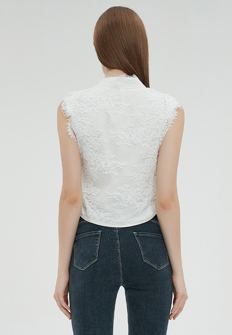 2023 Designer new summer Collection Stand Collar Lace Button Sleeveless Elegant Top B23070507W