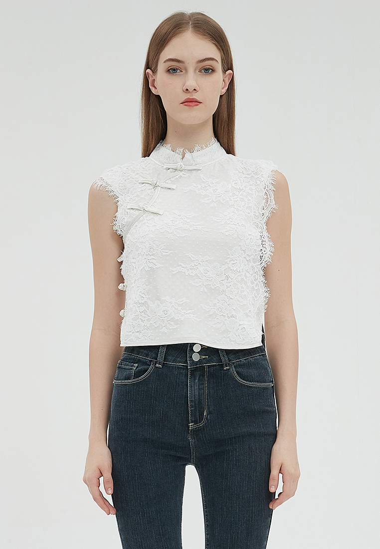 2023 Designer new summer Collection Stand Collar Lace Button Sleeveless Elegant Top B23070507W