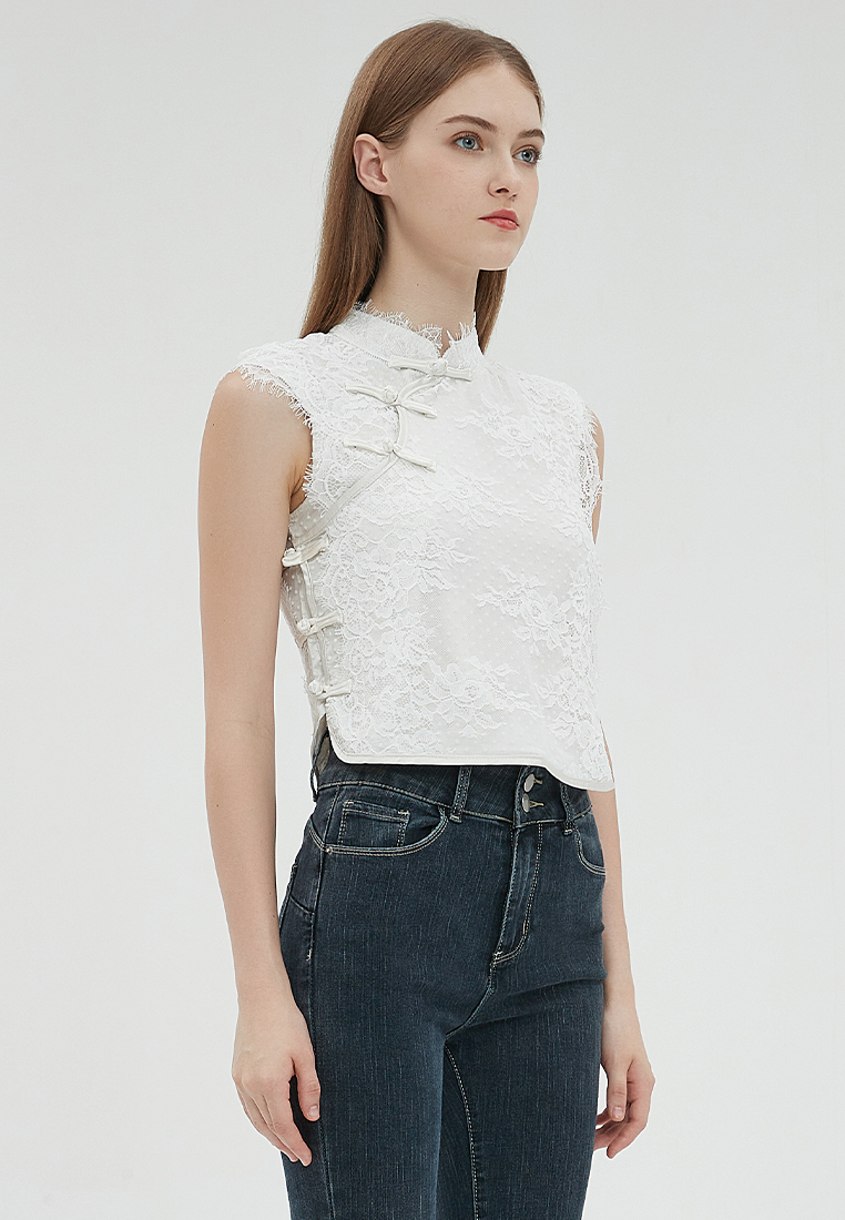 2023 Designer new summer Collection Stand Collar Lace Button Sleeveless Elegant Top B23070507W