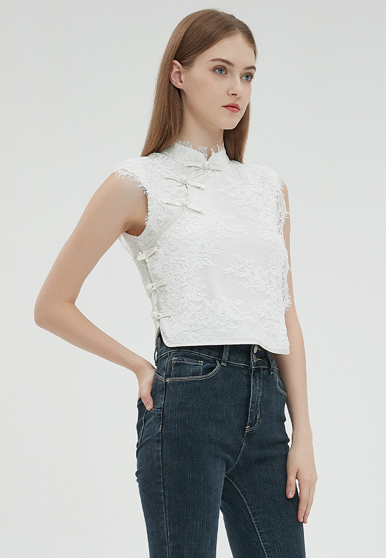 2023 Designer new summer Collection Stand Collar Lace Button Sleeveless Elegant Top B23070507W