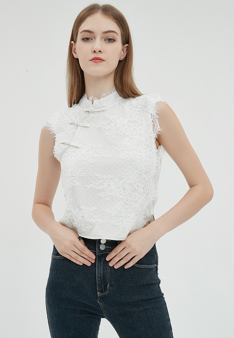 2023 Designer new summer Collection Stand Collar Lace Button Sleeveless Elegant Top B23070507W