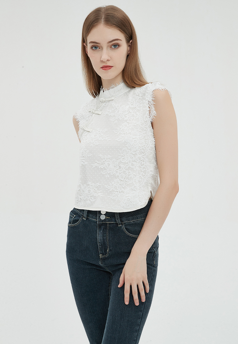 2023 Designer new summer Collection Stand Collar Lace Button Sleeveless Elegant Top B23070507W