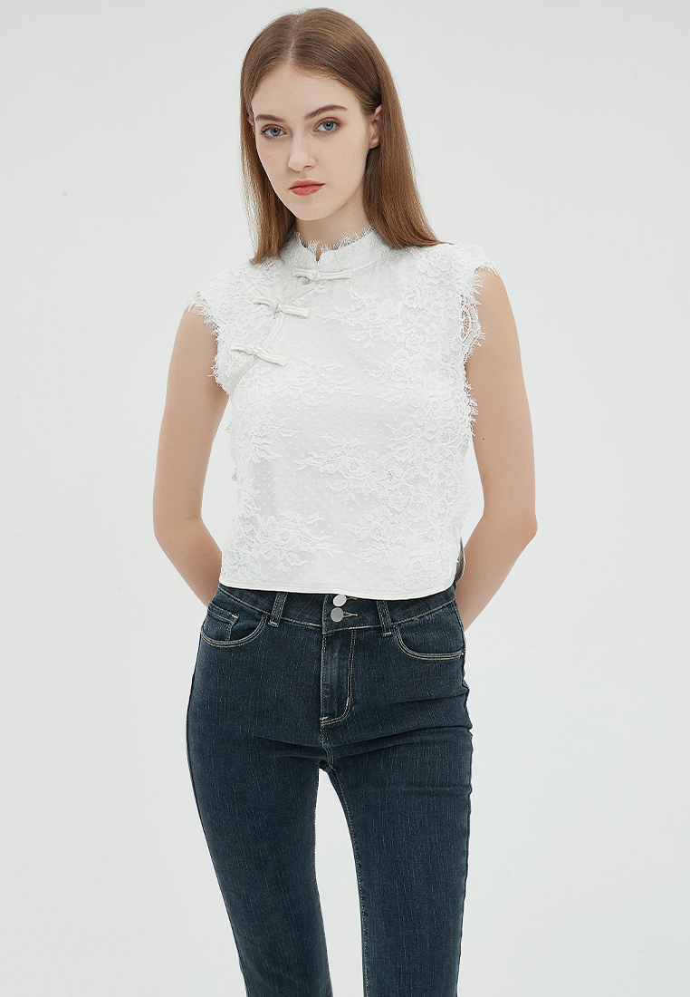 2023 Designer new summer Collection Stand Collar Lace Button Sleeveless Elegant Top B23070507W