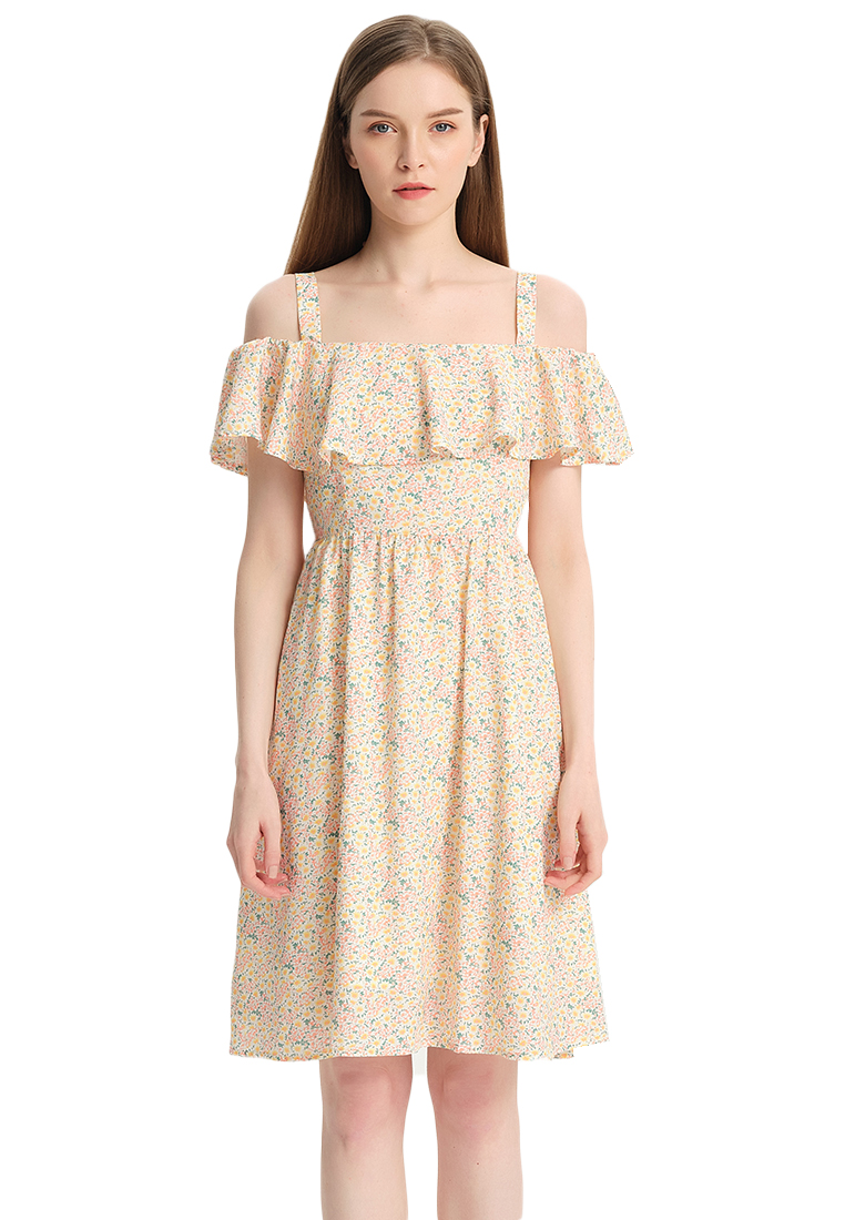Women Ladies Korean Version Casual Fashion Sweet Printed One-Shoulder Sling Floral Ruffled One-Piece Dress B22041207-sunnydaysweety