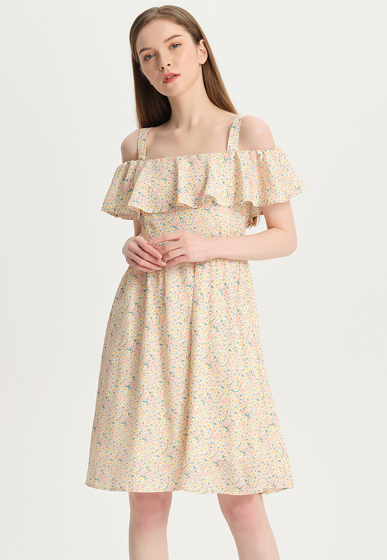 Women Ladies Korean Version Casual Fashion Sweet Printed One-Shoulder Sling Floral Ruffled One-Piece Dress B22041207-sunnydaysweety