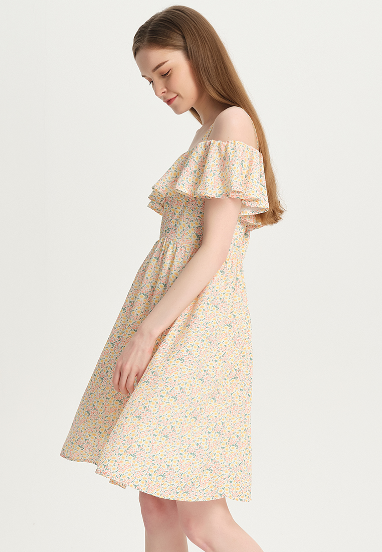 Women Ladies Korean Version Casual Fashion Sweet Printed One-Shoulder Sling Floral Ruffled One-Piece Dress B22041207-sunnydaysweety