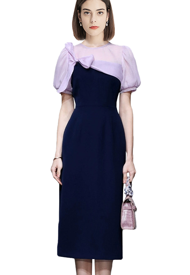 2023 summer new temperament stitched elegant bow embellished commuter slim dress CA061507MT