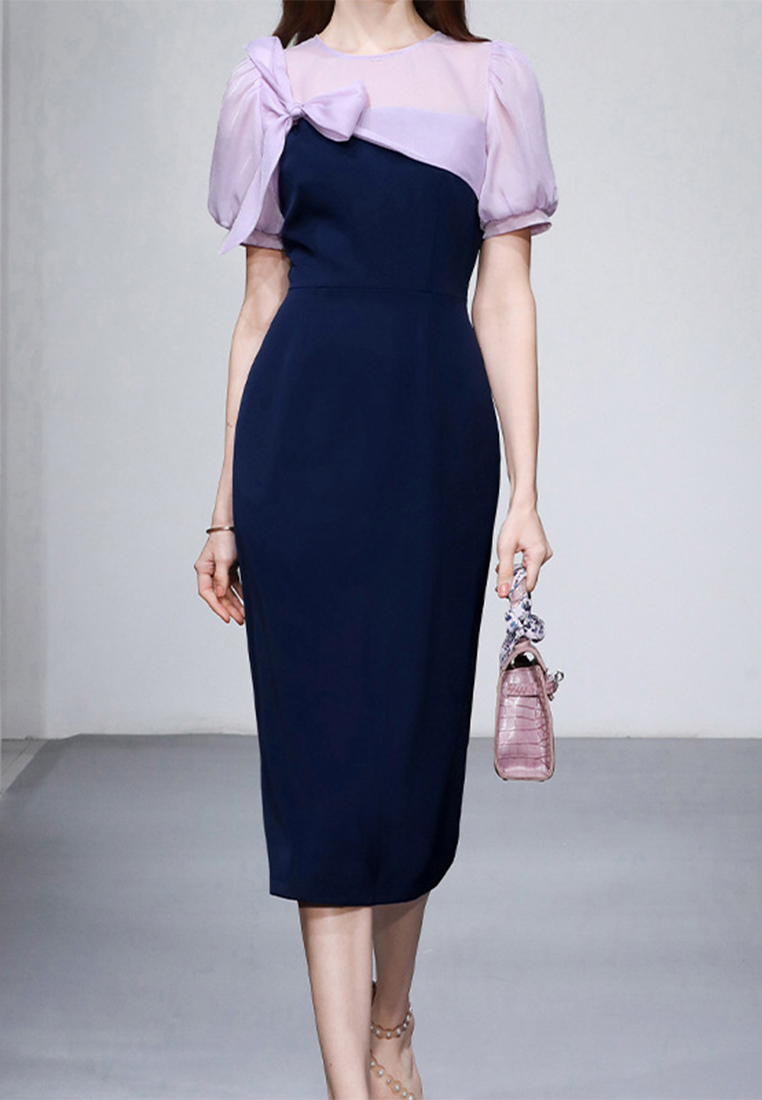 2023 summer new temperament stitched elegant bow embellished commuter slim dress CA061507MT