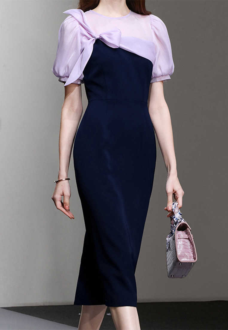 2023 summer new temperament stitched elegant bow embellished commuter slim dress CA061507MT