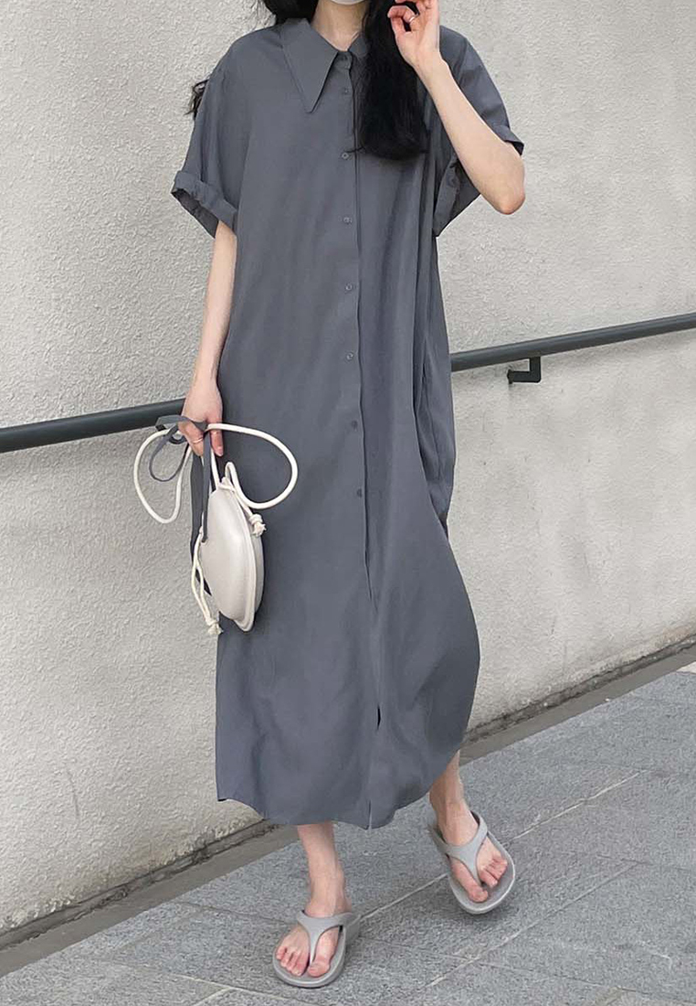 2023 Summer NewKorean-style Lazy Long Shirt Dress in Solid Color CA061307GY