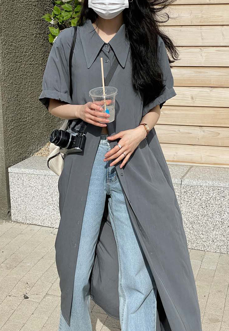 2023 Summer NewKorean-style Lazy Long Shirt Dress in Solid Color CA061307GY