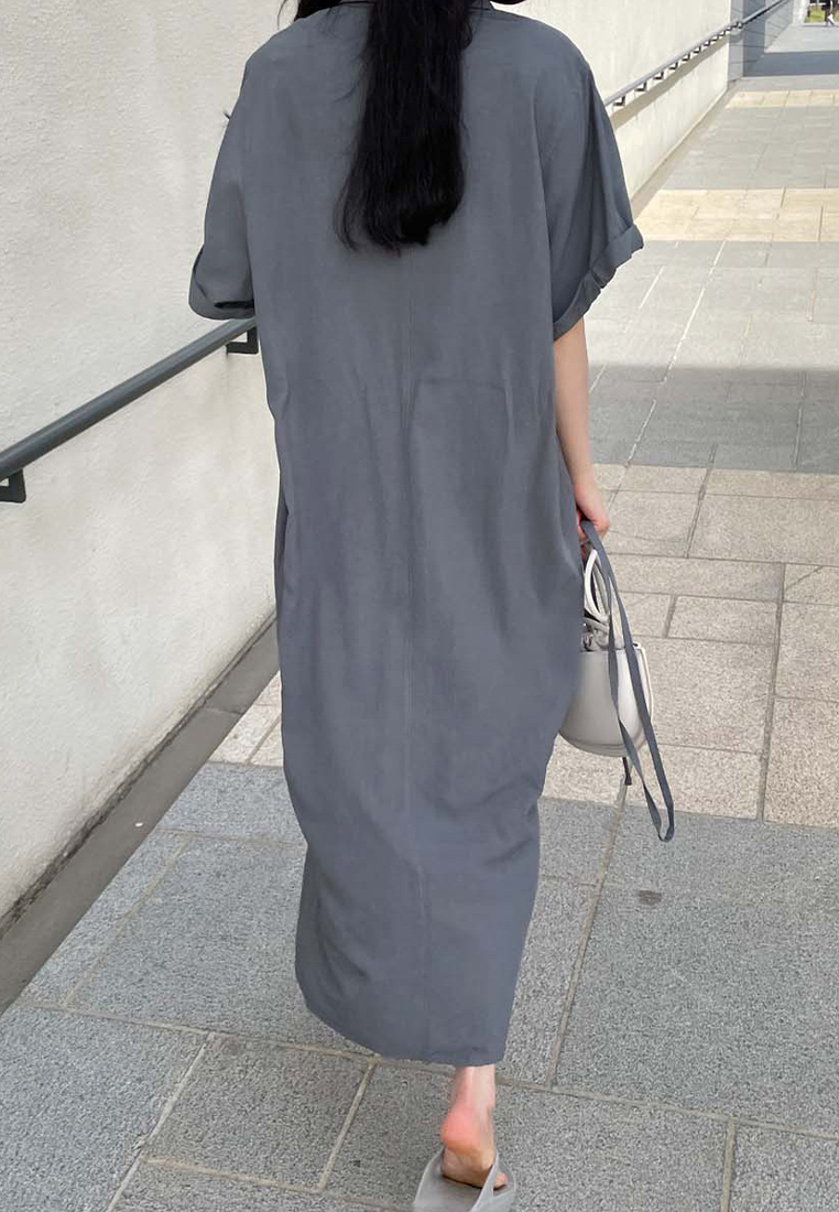2023 Summer NewKorean-style Lazy Long Shirt Dress in Solid Color CA061307GY