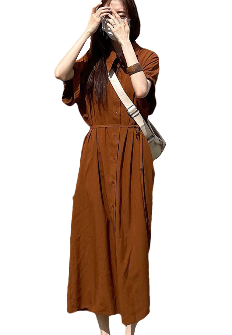 2023 Summer NewKorean-style Lazy Long Shirt Dress in Solid Color CA061307GY