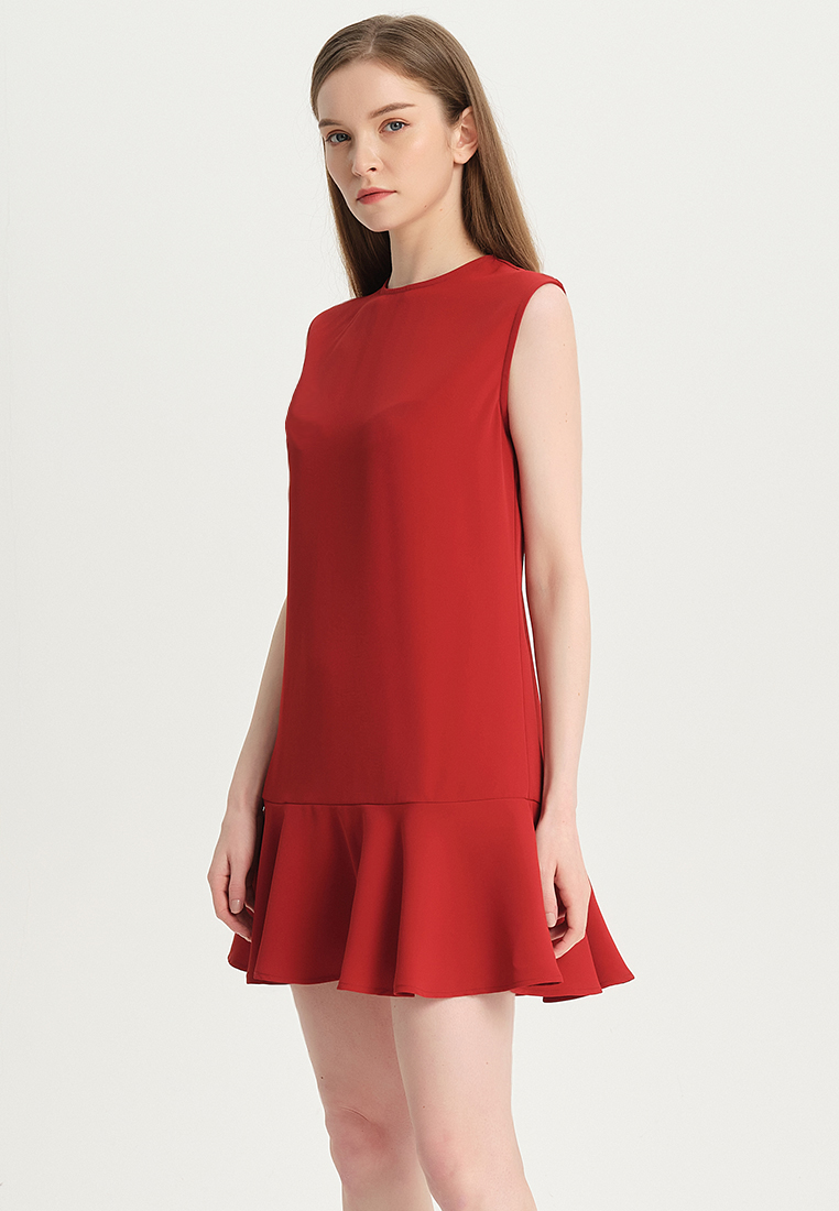 Temperament simple pure red matte satin one piece dress B22041208