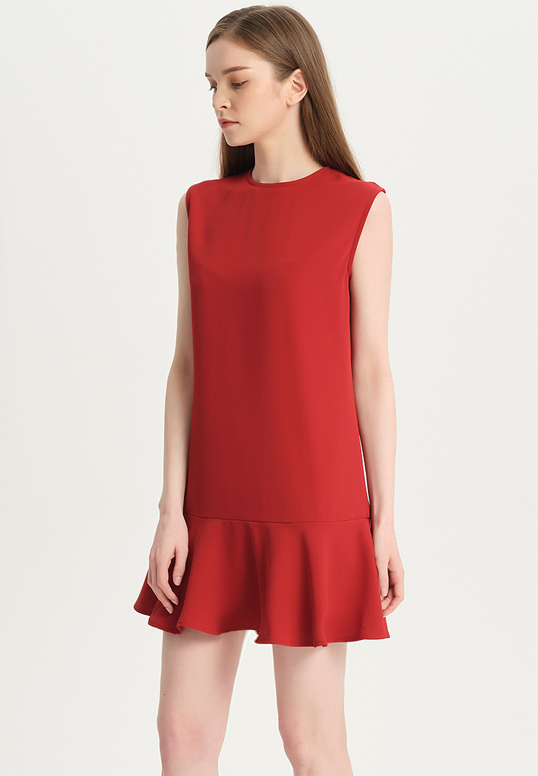 Temperament simple pure red matte satin one piece dress B22041208