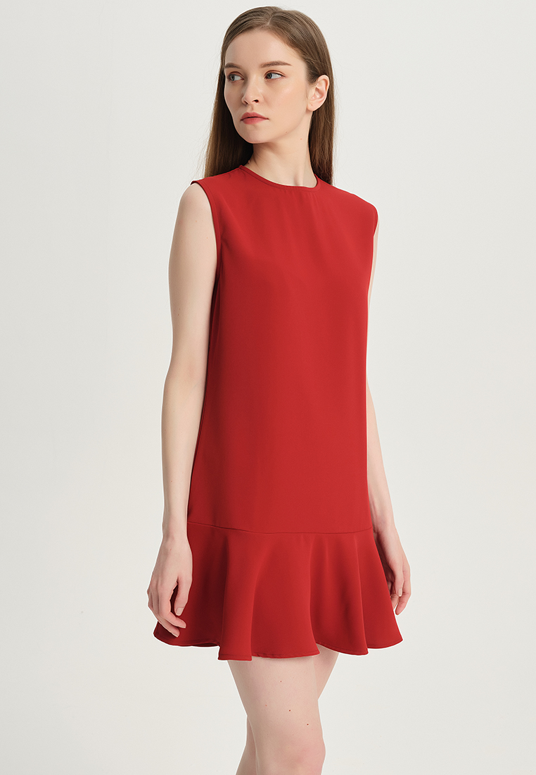 Temperament simple pure red matte satin one piece dress B22041208