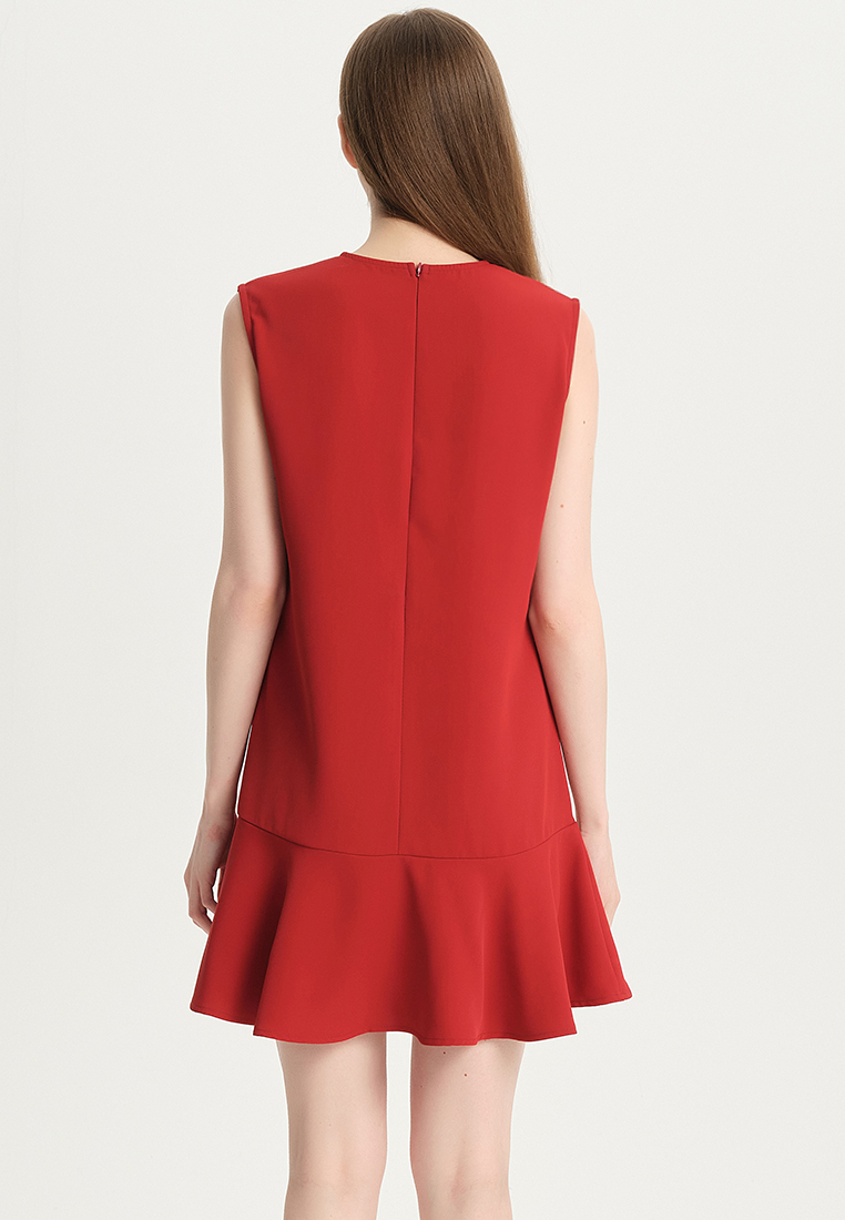 Temperament simple pure red matte satin one piece dress B22041208