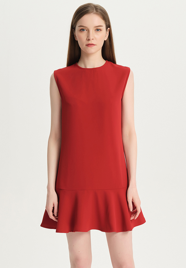 Temperament simple pure red matte satin one piece dress B22041208