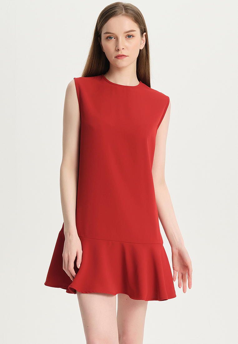 Temperament simple pure red matte satin one piece dress B22041208