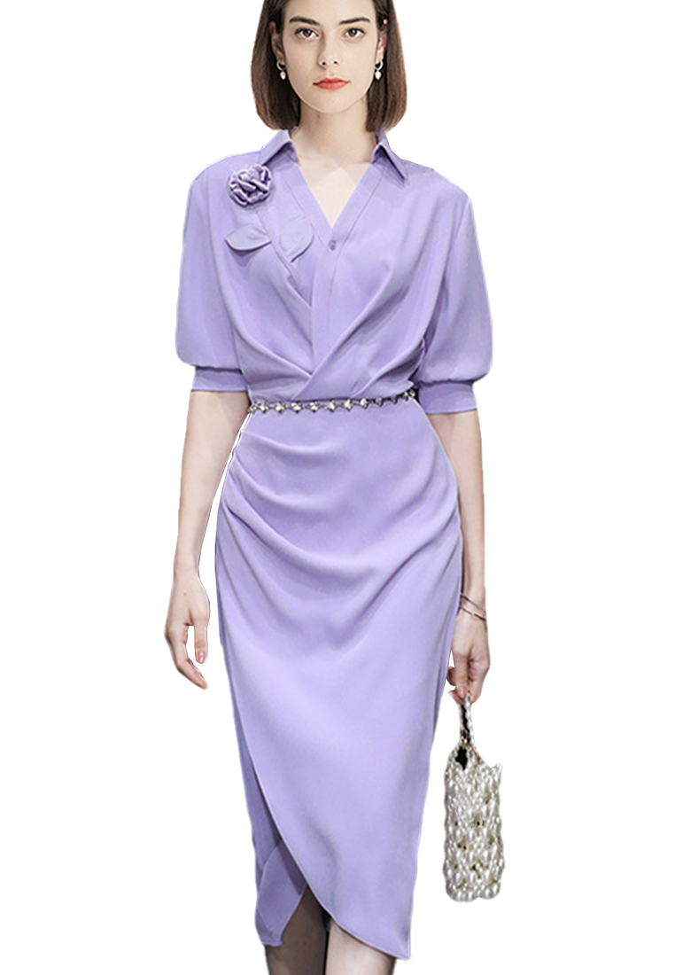 2023 new temperament purple slim waist slim shirt bag hip long dress CA061508PU