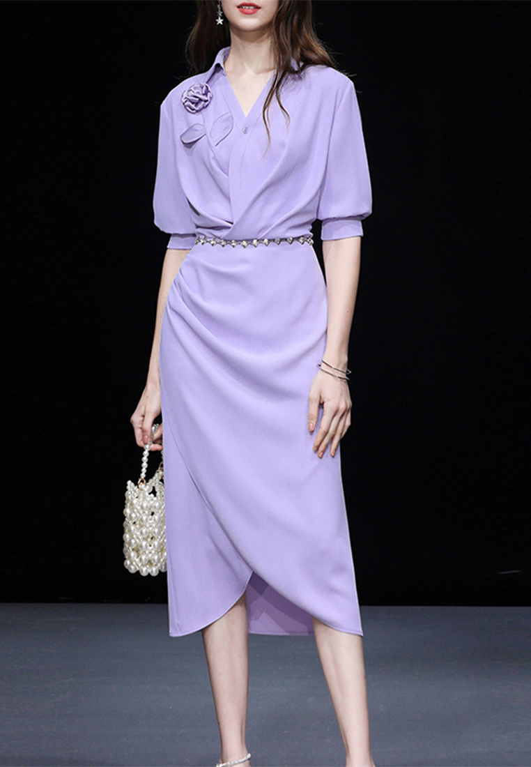 2023 new temperament purple slim waist slim shirt bag hip long dress CA061508PU