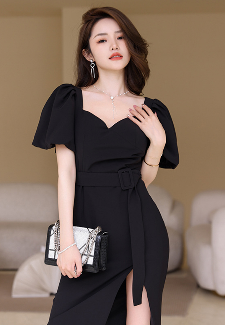 2023 Black evening gown for women with a French-style Audrey Hepburn bubble-sleeve dress CA061508