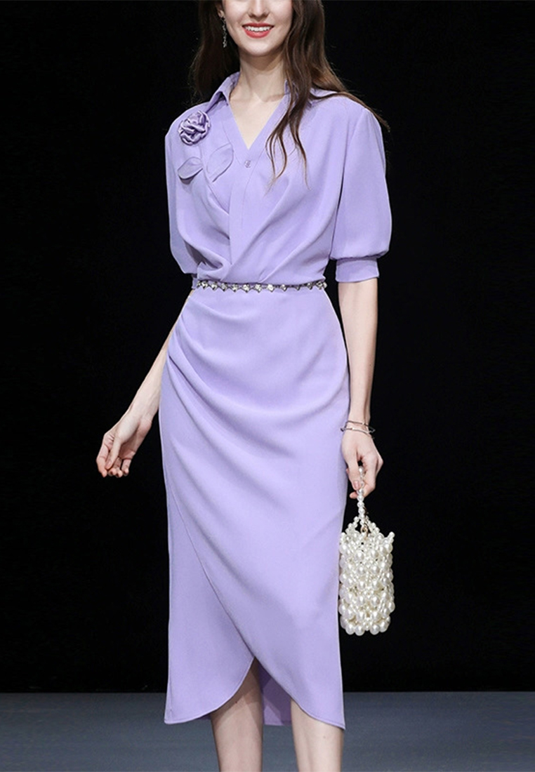 2023 new temperament purple slim waist slim shirt bag hip long dress CA061508PU