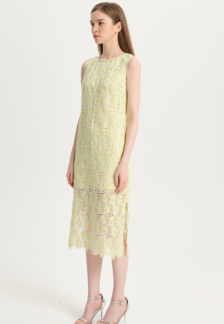 Women Ladies Elegant Hollow Sleeveless Round Neck Straight Print for party Water Soluble Lace One-Piece Dress B22041209-sunnydaysweety