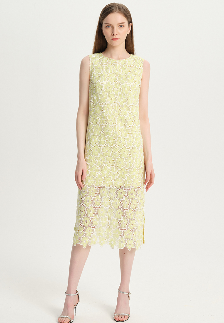 Women Ladies Elegant Hollow Sleeveless Round Neck Straight Print for party Water Soluble Lace One-Piece Dress B22041209-sunnydaysweety