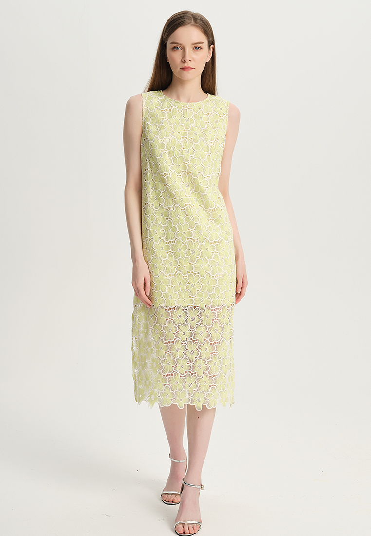 Women Ladies Elegant Hollow Sleeveless Round Neck Straight Print for party Water Soluble Lace One-Piece Dress B22041209-sunnydaysweety