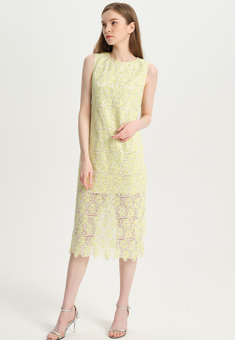 Women Ladies Elegant Hollow Sleeveless Round Neck Straight Print for party Water Soluble Lace One-Piece Dress B22041209-sunnydaysweety