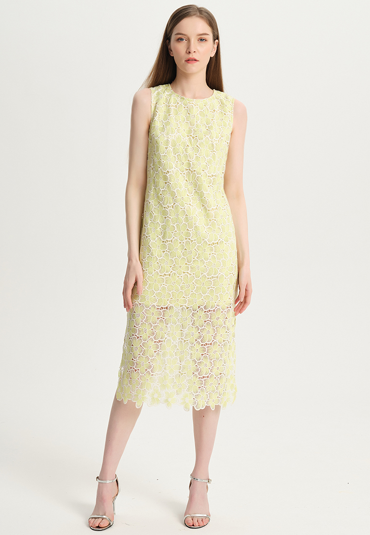 Women Ladies Elegant Hollow Sleeveless Round Neck Straight Print for party Water Soluble Lace One-Piece Dress B22041209-sunnydaysweety