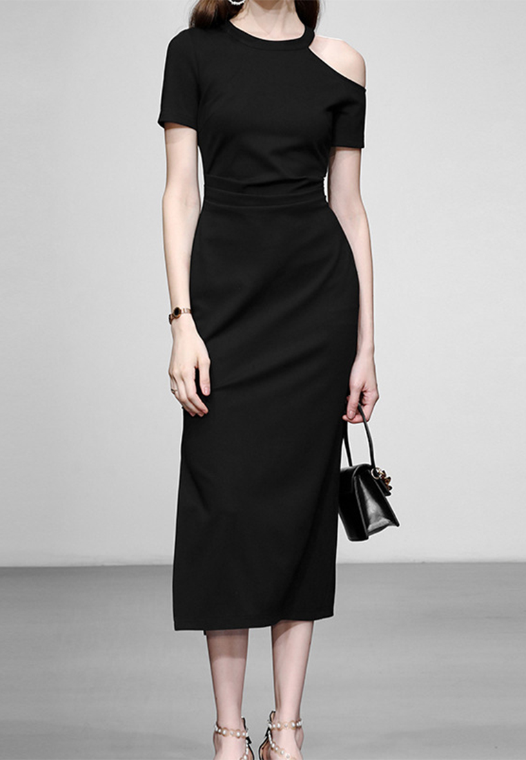 2023 summer new off-the-shoulder knitted slim slim slit mid-length dress CA061509