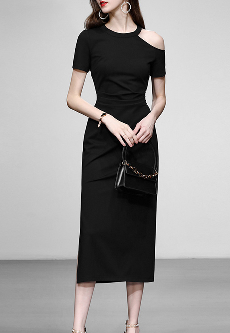 2023 summer new off-the-shoulder knitted slim slim slit mid-length dress CA061509