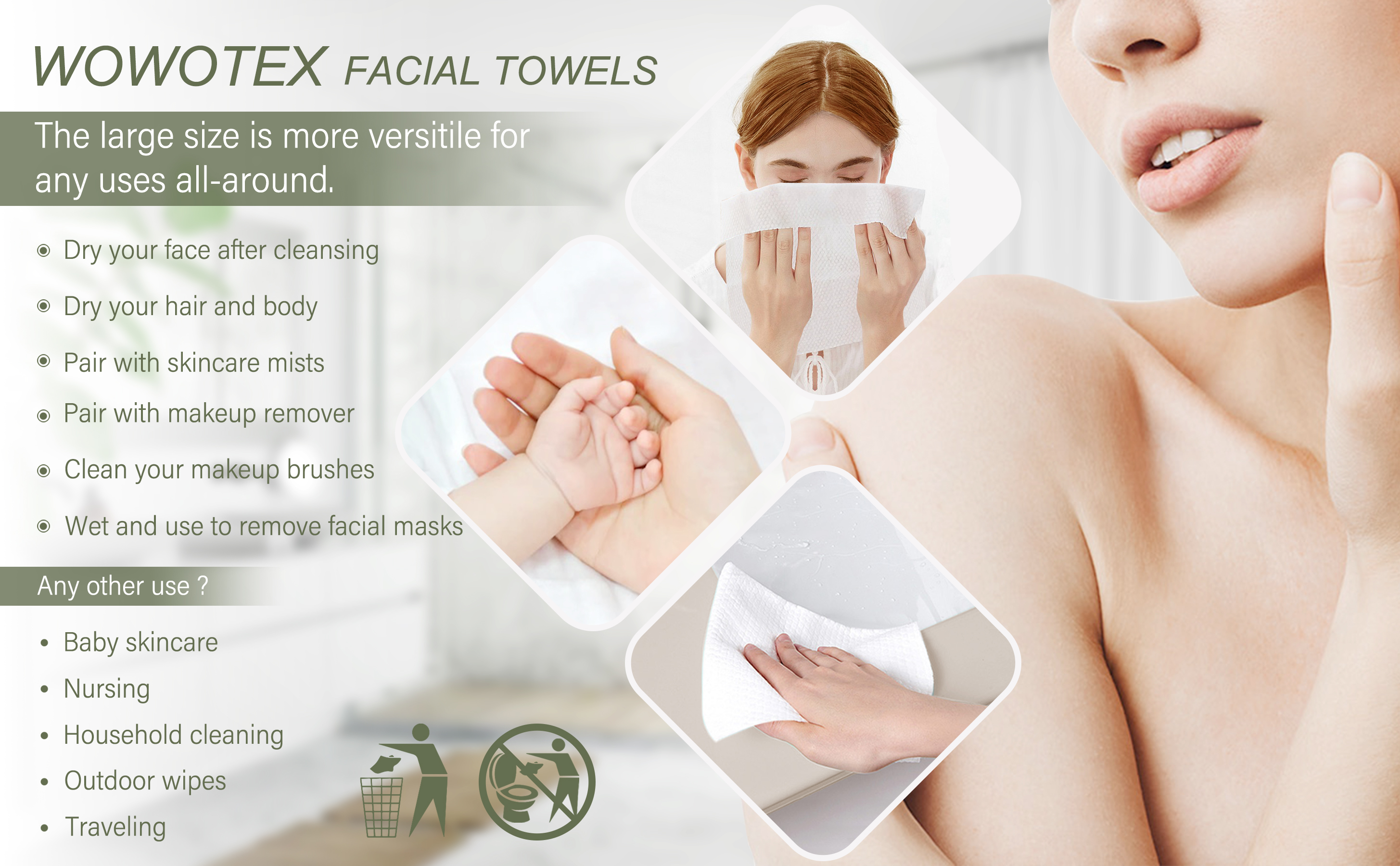 Bamboo Disposable Face Towel Biodegradable Large Dry Face Wipes 120 Count/2 Box Extra Thick Soft Clean Facial Towels for Sensitive Skin, Makeup Removing, Facial Cleansing, Nursing, Travel