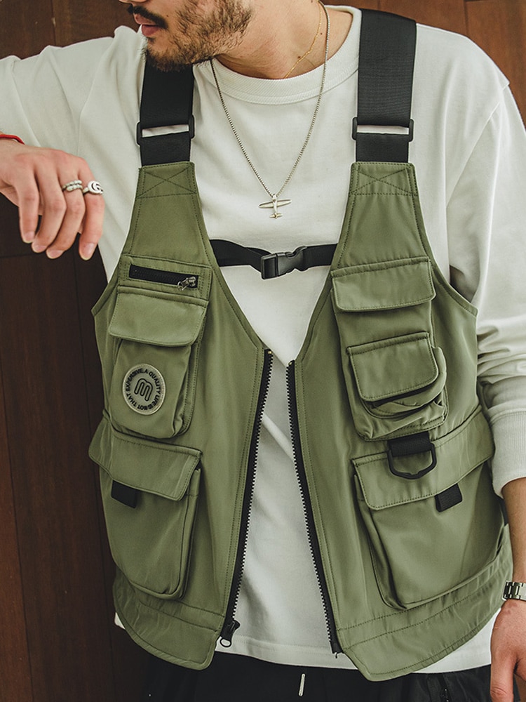 Maden Men Multi-pocket Tactical Vest Jacket &amp; Bag Japan Retro Multi-function Photography Waistcoat Wide Shoulder Strap Solid Bag